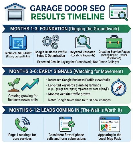 A 12-month SEO timeline for garage door businesses showing the transition from foundation building (Months 1-3) to early signals (Months 3-6) and consistent lead generation (Months 6-12).