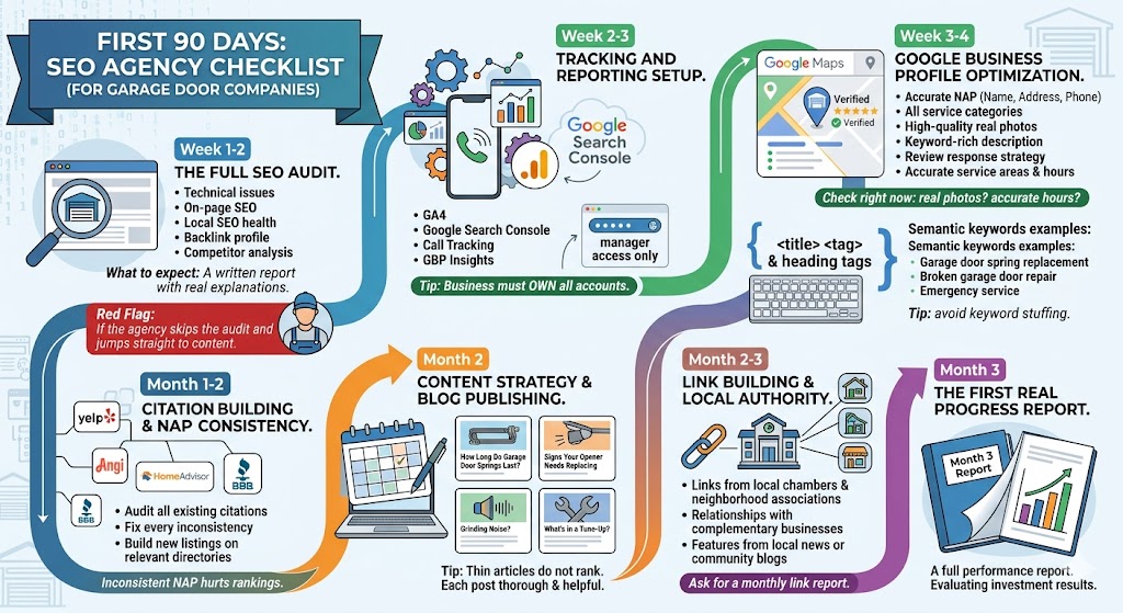A timeline infographic for garage door companies detailing the first 90 days of SEO deliverables, including the initial audit, tracking setup, Google Business Profile optimization, content strategy, and the final 3-month performance report.
