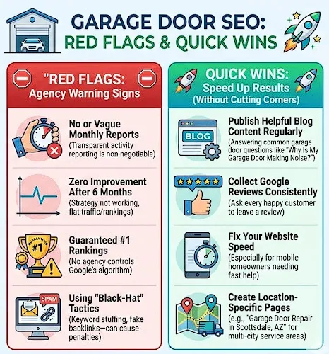 A comparison guide for garage door SEO highlighting agency red flags, like guaranteed rankings, versus quick wins, such as collecting Google reviews and improving website speed.
