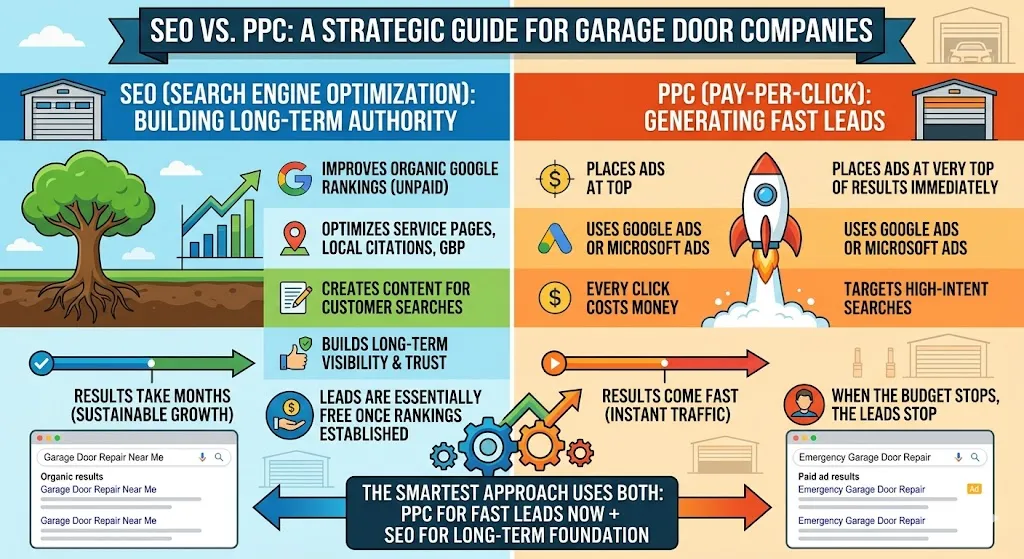 Infographic comparing SEO and PPC for garage door companies, contrasting long-term organic growth with instant paid lead generation.