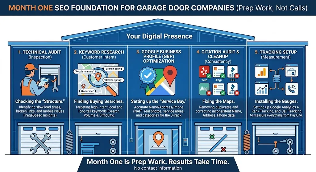 A five-panel infographic outlining technical SEO tasks for a garage door company: Technical Audit, Keyword Research, Google Business Profile optimization, Citation Audit, and Tracking Setup.
