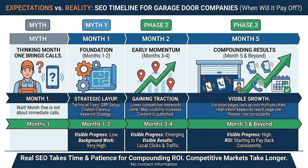 A timeline infographic contrasting SEO expectations versus reality, showing the multi-month "Foundation," "Early Momentum," and "Compounding Results" phases for a garage door business.